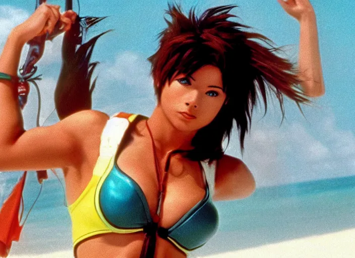 Image similar to a film still of a a woman called tracer from overwatch in baywatch 1 9 8 9