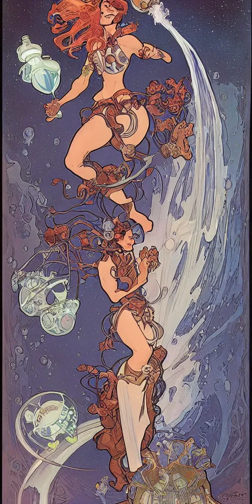 Image similar to a woman in a dress made of outer space pouring water from a vase into the milky way, by joe madura, by art adams, by alphonse mucha, battle chasers.