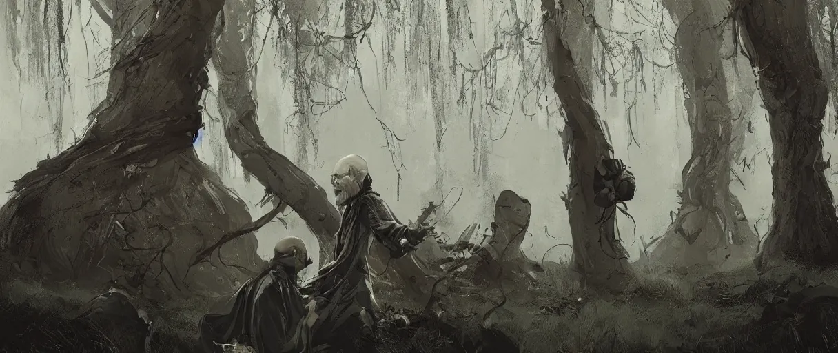 Prompt: duotone comic noir illustration portrait of gaunter o'dimm bald man with demonic stare wearing medieval merchant clothes light brown tunic sitting below willow tree in a foggy evening by sachin teng and sergey kolesov and ruan jia and heng z. graffiti art, scifi, fantasy, hyper detailed. octane render. concept art. trending on artstation