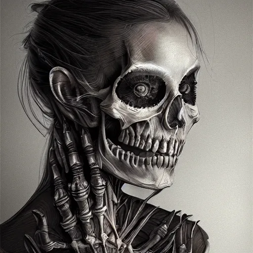 Prompt: Portrait of a woman with a skeletal hand on her face, digital art by DZO Oliver and Alex Nino and Randy Ortiz, intricate, elegant, highly detailed, digital painting, artstation, concept art, smooth, sharp focus, illustration