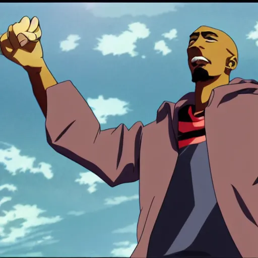 Image similar to Tupac Shakur, screenshot from a 2012s anime