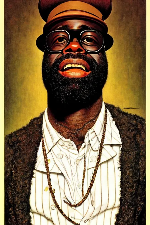 Prompt: portrait of black thought from the roots by gil elvgren and norman rockwell and rob gonsalves and hajime sorayama, hyperrealistic, high detail, ultra detailed, highly detailed face, ruffled fabric