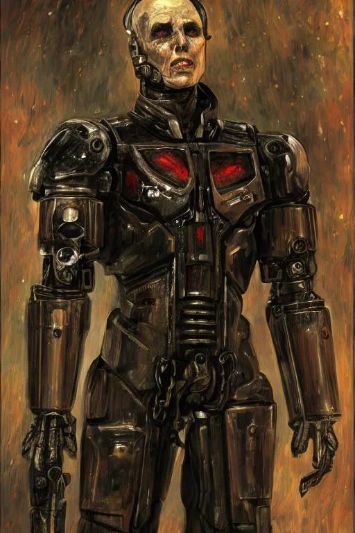 Image similar to portrait of demonic gothic Tom Cruise in mechanical power armor, cyberpunk, Warhammer, highly detailed, artstation, illustration, art by Gustav Klimt