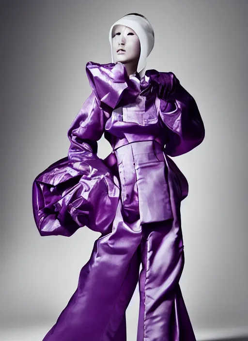 Prompt: a portrait by nick knight of a japanese girl detailed features wearing a pilot suit wedding dress synthetic materials, jumpsuits chic'techno fashion trend by balenciaga dramatic purple light