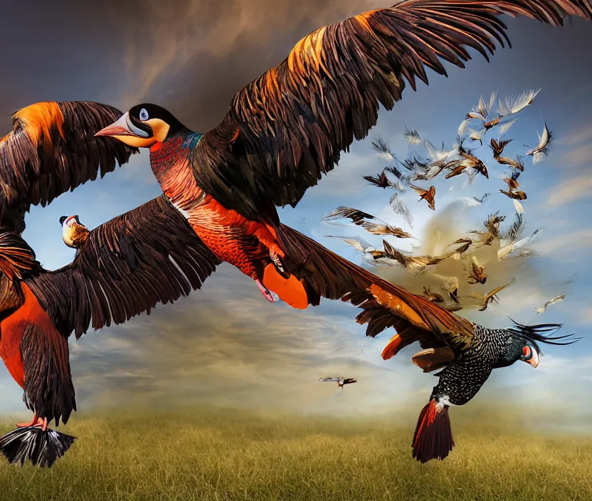 Prompt: a realistic photo of a birdlike creature made of birds merged, creature wrinkles feathers exotic morphing hoopoe, morphing wings king vulture head, merging pheasant skin merged sky animal, atlantic puffin, turaco morphing chicken, clear, global illumination, refraction, displacement map, bump map, normal map