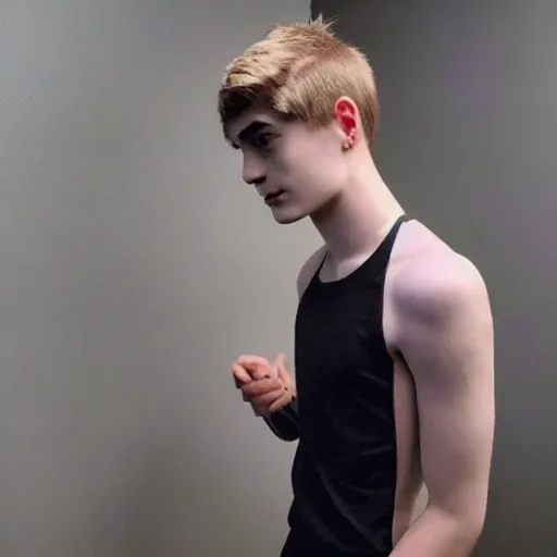 Image similar to “a realistic detailed photo of a guy who is an attractive humanoid who is half robot and half humanoid, who is a male android, twitch streamer Ninja Tyler Blevins, shiny skin, posing like a statue, blank stare”