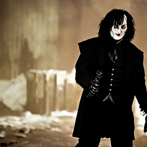 Image similar to Edward Scissor Hands as Snape from Harry Potter as The Crow, Gritty Dark Cinematic Lighting, Screen-Still