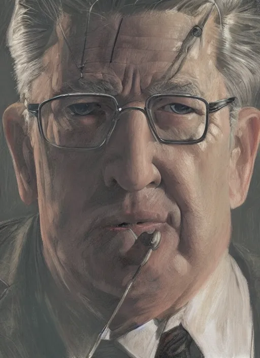 Image similar to portrait of david lynch in re - animator ( 1 9 8 5 ), highly detailed, centered, solid color background, digital painting, artstation, concept art, smooth, sharp focus, illustration, donato giancola, joseph christian leyendecker, les edwards, ed repka, wlop