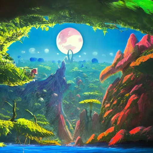 Image similar to a beautiful alien planet with plants and animals. Oil painting in the style of Miyazaki.