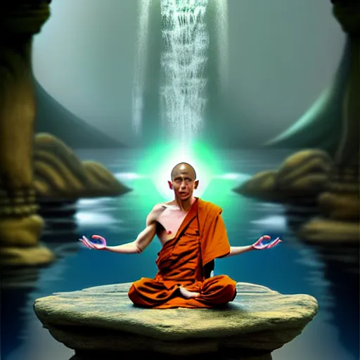 Image similar to a monk levitating water by meditating, digital art, fantasy art, matte painting