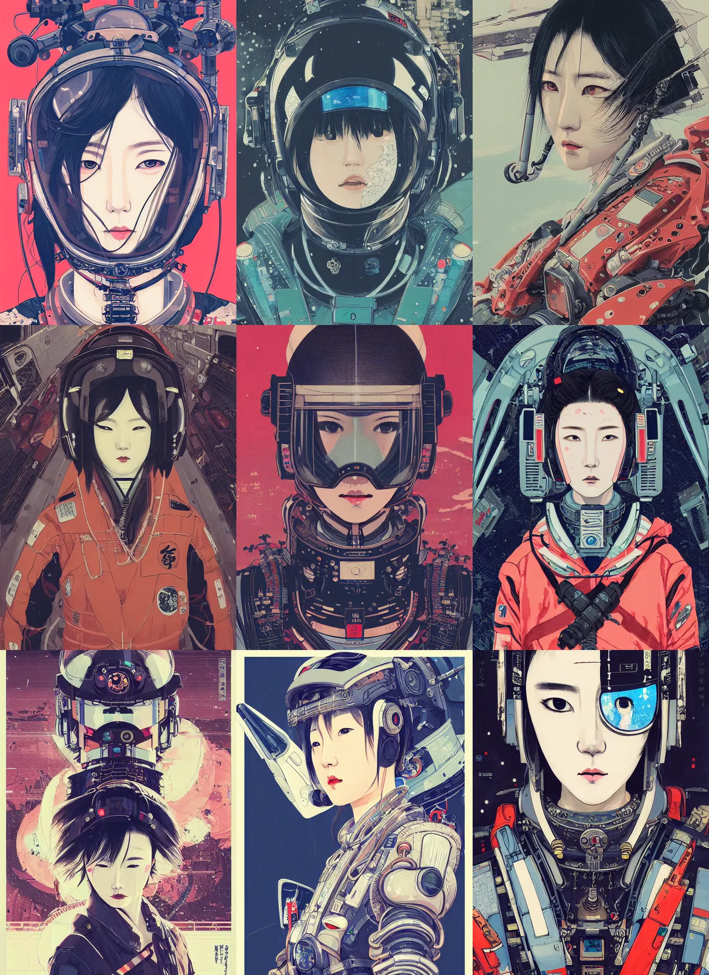 Prompt: a beautiful ukiyoe painting of cyberpunk battle space pilot, lee jin - eun wearing space techwear, detailed symmetrical close up portrait, intricate complexity, concept art, by wlop, conrad roset, james jean, cinematic dramatic atmosphere, sharp focus