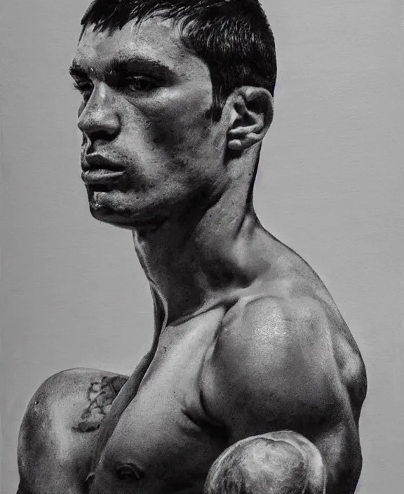 Prompt: portrait of a handsome young spanish boxer, art by denys tsiperko and bogdan rezunenko, hyperrealism