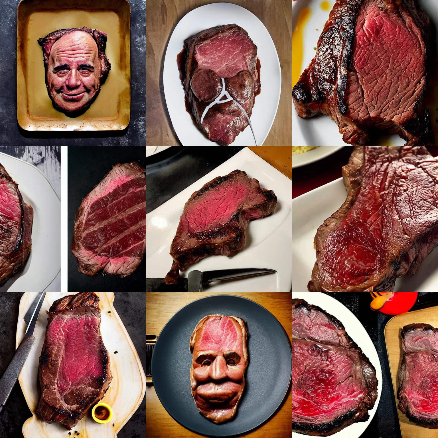 Prompt: photograph of a tbone steak in the shape of danny devitos face