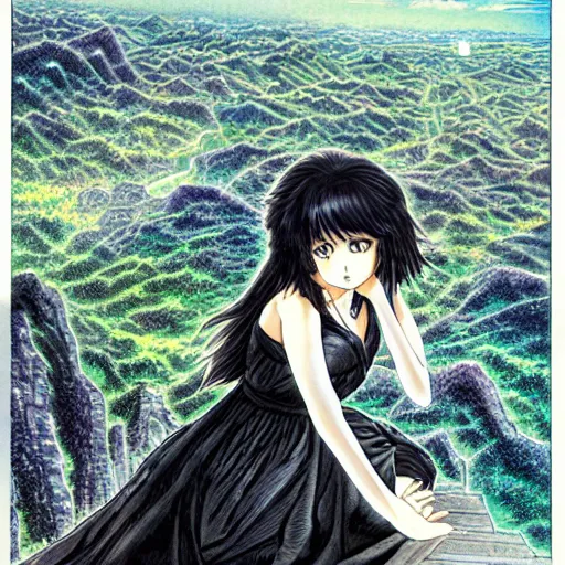 Prompt: beautiful girl looking from the edge of the mountain on the giant night city below, midnight, highly detailed colored manga page, illustration by kentaro miura and hiromu arakawa