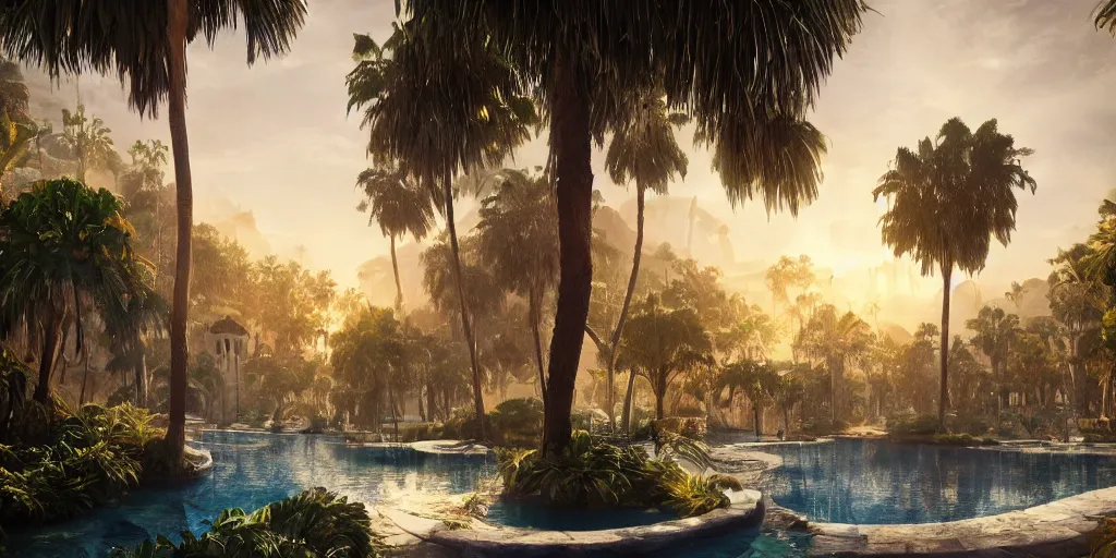 Image similar to beautiful oasis waterfalls surrounded by palm trees moroccan tile archways, date trees, ivory towers sunset peter morbacher ross tran angelarium greg rutkowski alchemy luxury heavenly light soft illumination, trending on artstation cinematic lighting digital painting octane render, artgerm