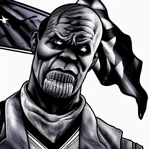 Image similar to president thanos black and white cell shaded digital artwork in the style of grand theft auto five cover art