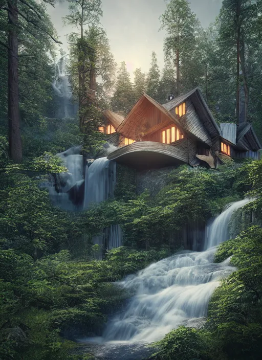 Image similar to beautiful large scandinavian house in the forest on a hill, a large waterfall flows down from the mountain in the background, octane render, fabulous, hyper detailed, random cinematic view, no noise, global illumination, warm lighting, volumetric, godrays, vivid, by jordan grimmer