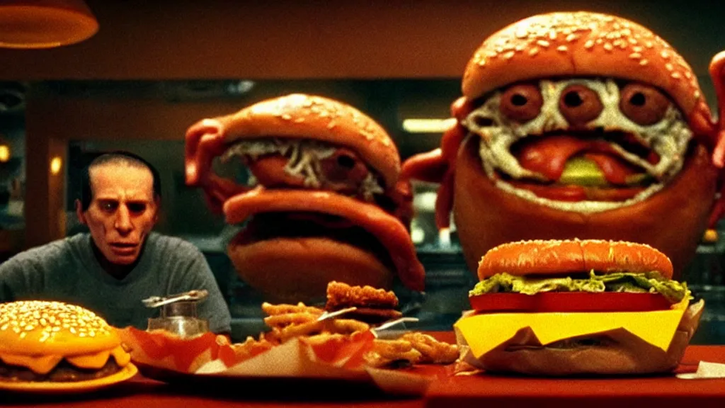 Image similar to the cheeseburger creature at the fast food restaurant, film still from the movie directed by denis villeneuve and david cronenberg with art direction by salvador dali and zdzisław beksinski, wide lens