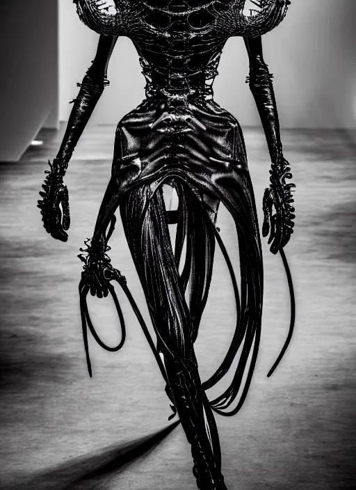 Image similar to walking down the catwalk, steven klein, show, stage, vogue photo, podium, fashion show photo, historical baroque dress, iris van herpen, beautiful woman, full body shot, masterpiece, inflateble shapes, alien, predator, guyver, jellyfish, white biomechanical details, highly detailed