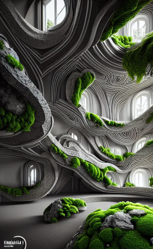 Image similar to highly detailed ultra sharp 3 d render villa interior cinematic composition of a smooth ceramic porcelain biomorphic magnolia stone nebula fluid fractal sci - fi surreal architecture landscape, granite, metallic, magnesium, marble, moss and lichen, vincent callebaut composition, mamou - mani, archviz, beautiful lighting, 8 k, unreal engine, hdr,