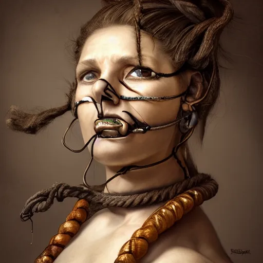 Prompt: portrait of a Shibari rope wrapped around the face and neck of an young female cyborg merchant, mouth wired shut, headshot, insanely nice professional hair style, dramatic hair color, digital painting, of a old 17th century, amber jewels, baroque, ornate clothing, scifi, realistic, hyper detailed, chiaroscuro, concept art, art by Franz Hals and Jon Foster and Ayami Kojima and Amano and Karol Bak,