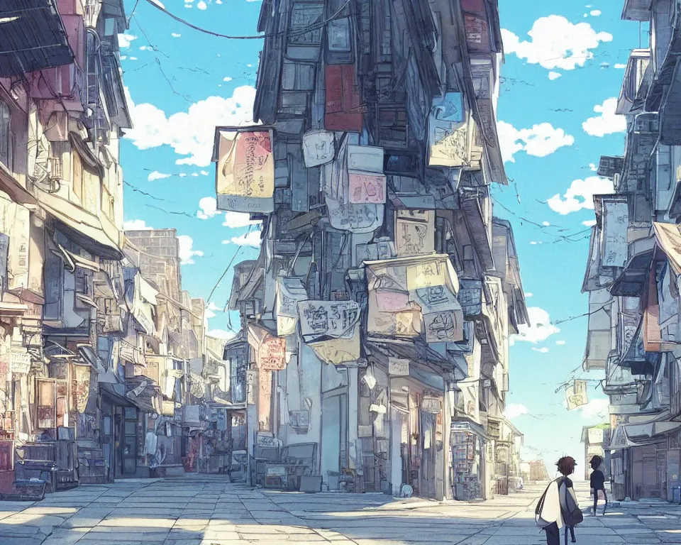 Prompt: beautiful illustration from behind a cat walking down the street in a city on a fine summers day, anime manga style, aesthetic, scene from the movie'your name ', makoto shinkai