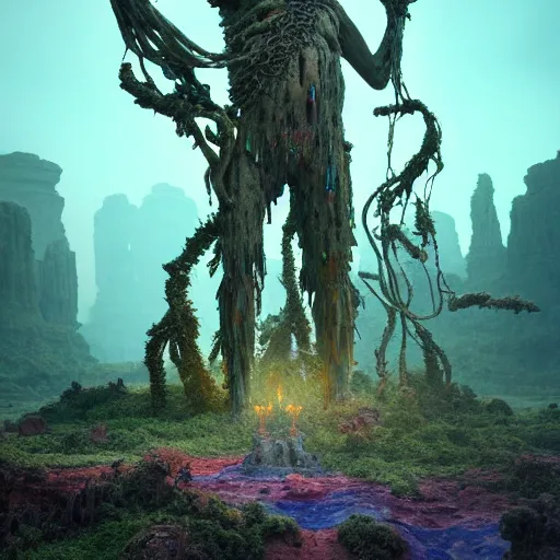 Prompt: ancient giant dead god being made of opal in desolate and lush landscape, moody, :: by James Jean, Jeff Koons, Dan McPharlin Daniel Merrian :: ornate, dynamic, particulate, rich colors, intricate, elegant, highly detailed, centered, artstation, smooth, sharp focus, octane render, 3d