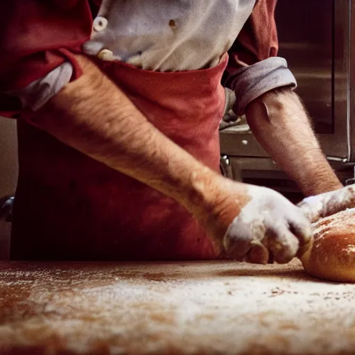Prompt: closeup portrait of a baker fighting bread that's trying to escape from the oven, by Steve McCurry and David Lazar, natural light, detailed face, CANON Eos C300, ƒ1.8, 35mm, 8K, medium-format print