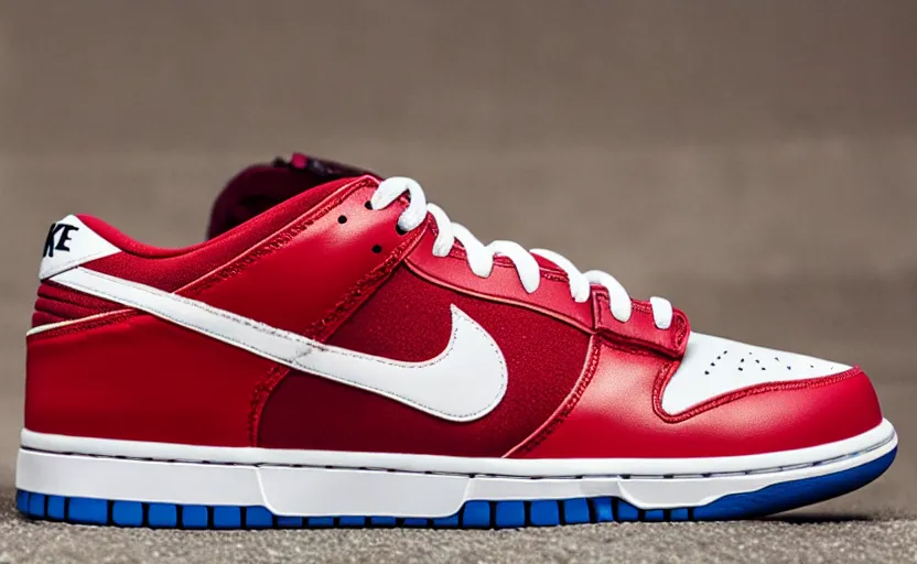 Image similar to a press photograph of nike dunk low red and white, size 1 0, white background