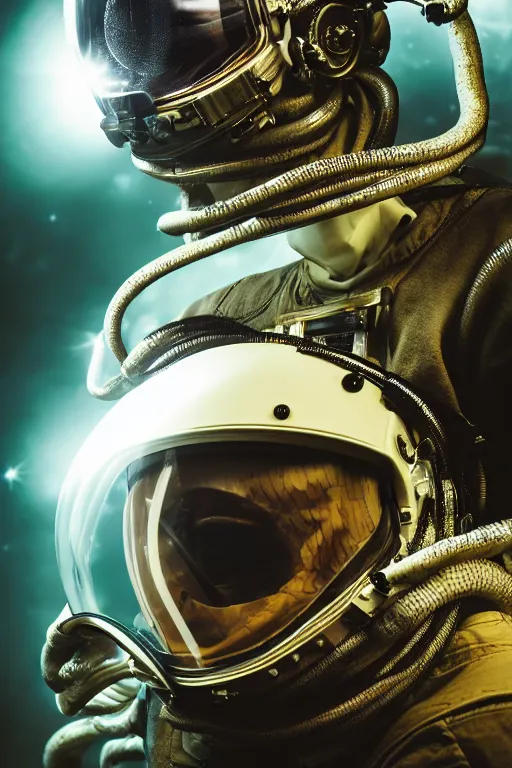 Image similar to extremely detailed studio portrait of space astronaut, alien tentacle protruding from eyes and mouth, slimy tentacle breaking through helmet visor, shattered visor, full body, soft light, plain studio background, disturbing, shocking realization, award winning photo by paola agosti