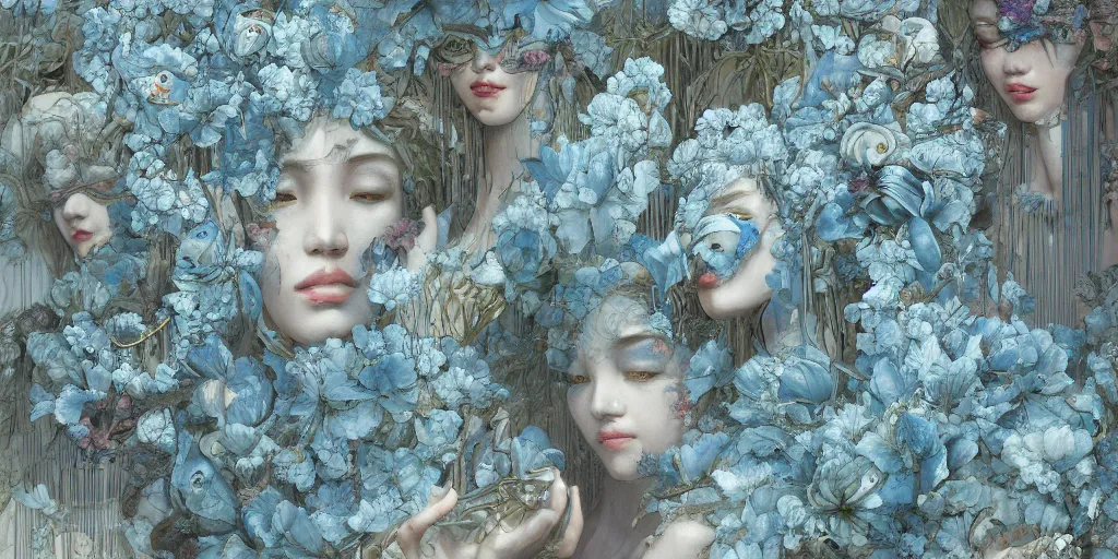 Image similar to breathtaking detailed concept art painting art deco pattern of faces goddesses amalmation light - blue flowers with anxious piercing eyes and blend of flowers and birds, by hsiao - ron cheng and john james audubon, bizarre compositions, exquisite detail, extremely moody lighting, 8 k