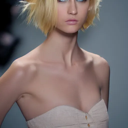 Image similar to photograph of a model with short blonde hair looking to the side