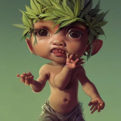 Image similar to a cute little baby made of hemp, with a head in the form of a cannabis bloom, like baby grut, green skin, character, art by james jean and greg rutkowski!!, realistic face, digital art, chibi style, golden ratio, perfect composition, trending on artstation, 8 k