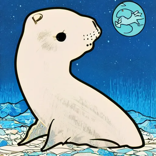 Prompt: baby harp seal, moon rise, illustration, pop art, splash painting, art by geof darrow, ashley wood, alphonse mucha