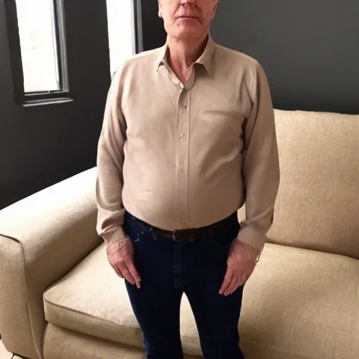 Image similar to full body photo of steve, mature male, mysterious face. he is sitting gracefully on a sofa, elegant slim beige shirt, tight shirt, big pumped belly