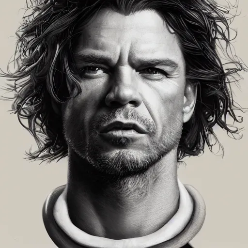 Image similar to a portrait of michael hutchence as a wizard, upper half portrait, urban motifs, intricate, elegant, highly detailed, digital painting, trending on artstation, concept art, smooth sharp focus, illustration, art by artgerm and greg rutkowski