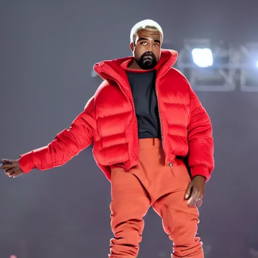 Prompt: kanye west wearing a red puffer jacket and red pants, standing in a stadium