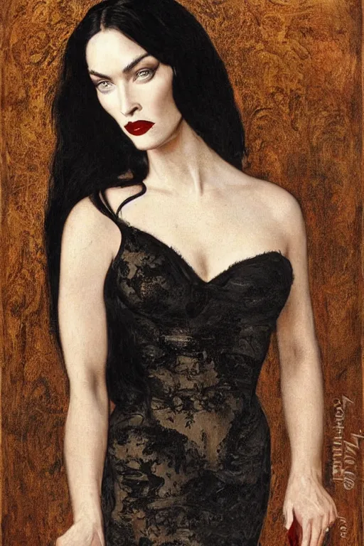 Prompt: upper body portrait megan fox as morticia addams by alfred stevens