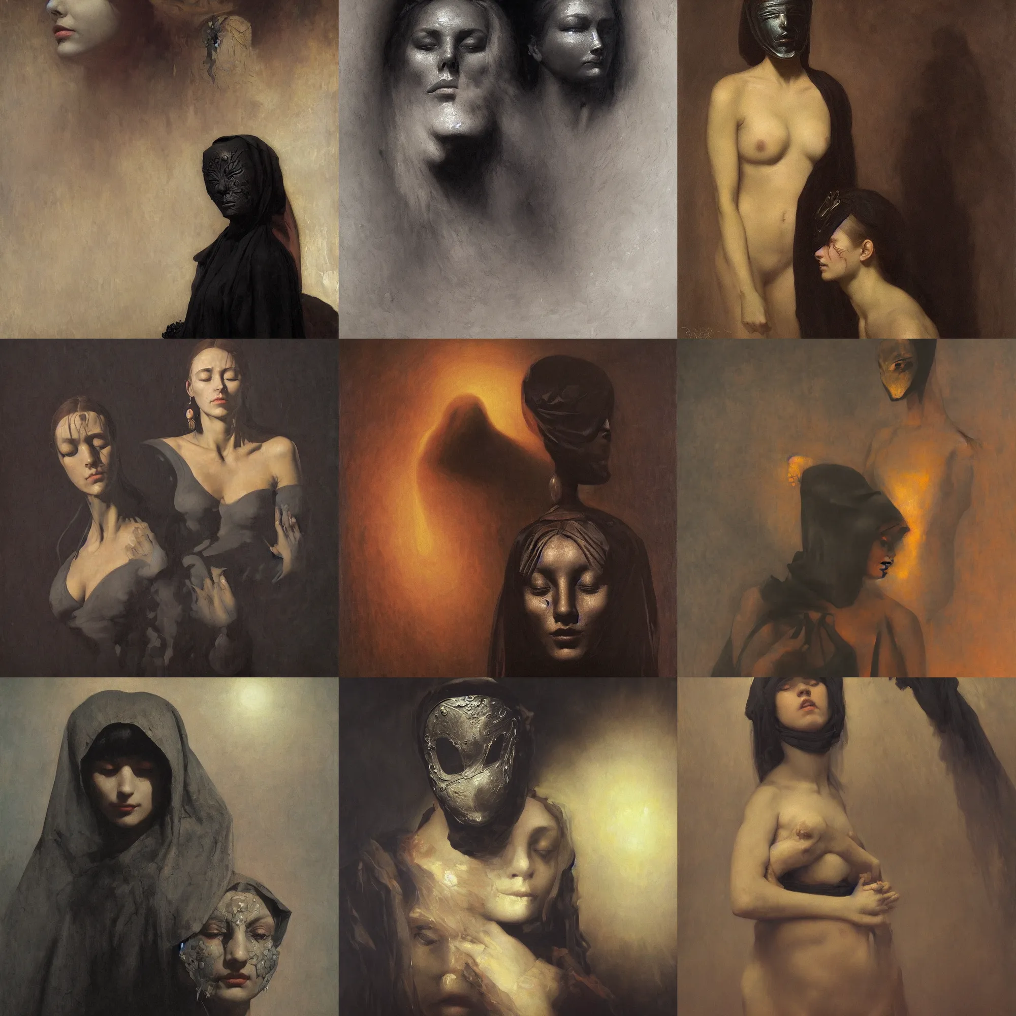 Image similar to The portrait of beautiful woman with closed eyes in steel full-face occult mask and black dress by Ilya Repin, William Blake, Michelangelo da Caravaggio and Beksinski, highly detailed oil painting, trending by artstation, dramatic volumetric lighting, fantasy character, 4k, masterpiece