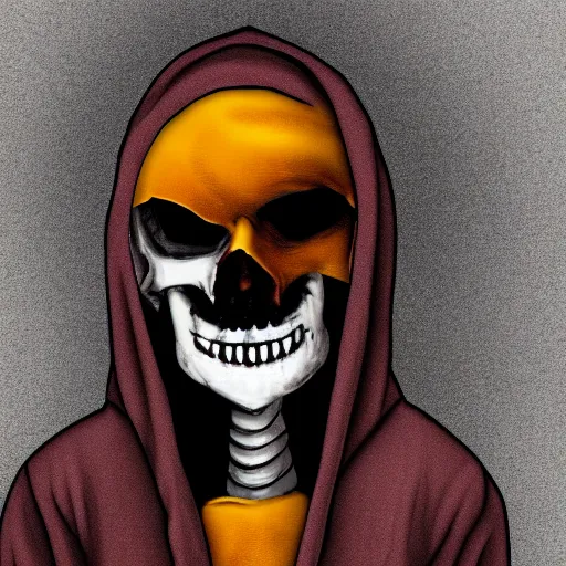 Prompt: the grim reaper pulls down his hood, showing that his head is the smiling face emoji, digital art, 4 k,