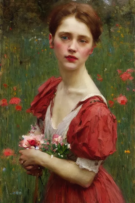 Image similar to Solomon Joseph Solomon and Richard Schmid and Jeremy Lipking victorian genre painting portrait painting of an elegant slim young cottagecore girl in an open field of flowers, red background