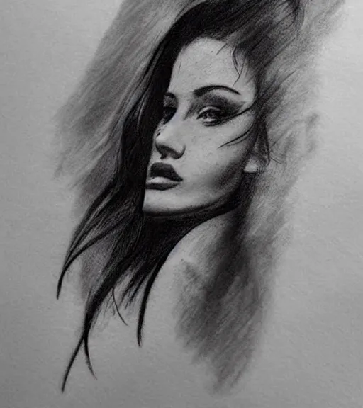 Image similar to tattoo design sketch of an extremely beautiful woman face with a faded background of stunning mountain view on her side, hyper - realistic, in the style of matteo pasqualin, amazing detail, black and white, faded