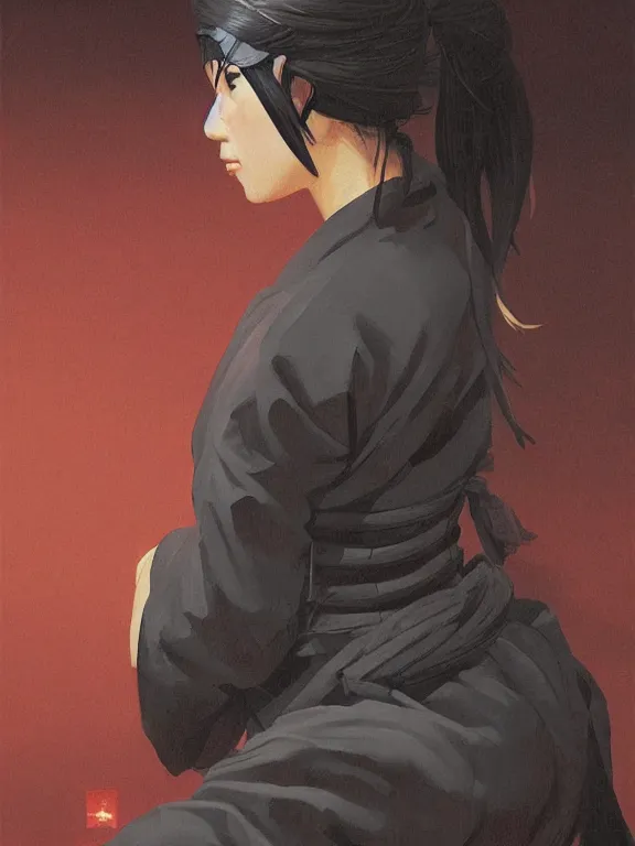 Image similar to an ultradetailed beautiful portrait painting of a female ninja at night in a japanese village, side view, oil painting, high resolution, by ilya kuvshinov, greg rutkowski and makoto shinkai