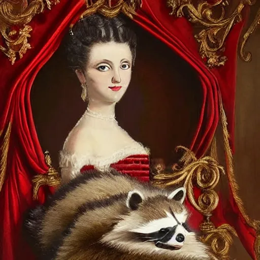 Image similar to a majestic oil painting of a raccoon queen wearing red french royal gown. the painting is hanging on an ornate wall decorated with wallpaper.