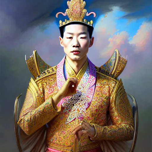 Image similar to pretty korean male dressed as king ramkhamhaeng of sukhothai, intricate, highly detailed, centered, digital painting, artstation, concept art, smooth, sharp focus, illustration, artgerm, tomasz alen kopera, peter mohrbacher, donato giancola, joseph christian leyendecker, wlop, boris vallejo