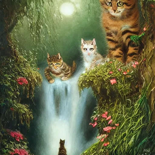 Image similar to two kittens in the enchanted forest stand on the steps and watch the waterfall, fantasy, intricate, extremely detailed, face enhance, matte, featured in artstation, art by louis wain, greg rutkowski
