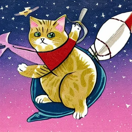 Prompt: A morbidly obese house-cat catching a bat in space
