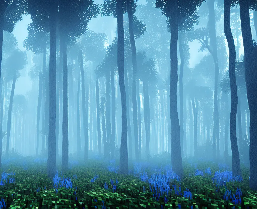 Prompt: blue forest, glowing, minecraft, digital art, highly detailed, artstation, octane render