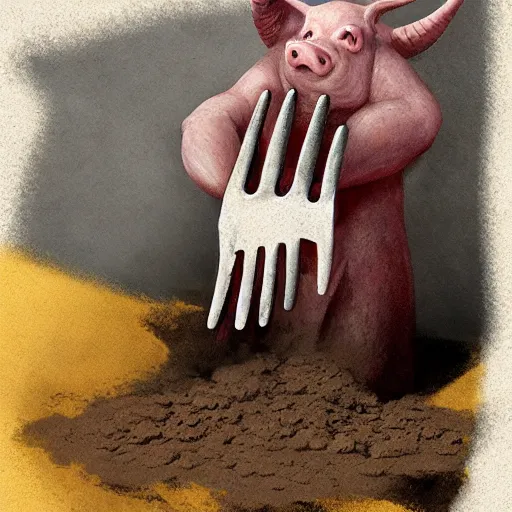 Image similar to demon hand sticking out of dirt, Holding a fork with a pig on it, Trending on Artstation, Hiroaki Tsutsumi style