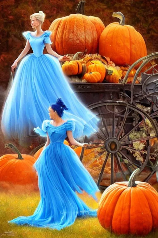 Prompt: beautiful mystical digital painting a beautiful cinderella standing in front of a pumpkin carriage with horses by artgerm